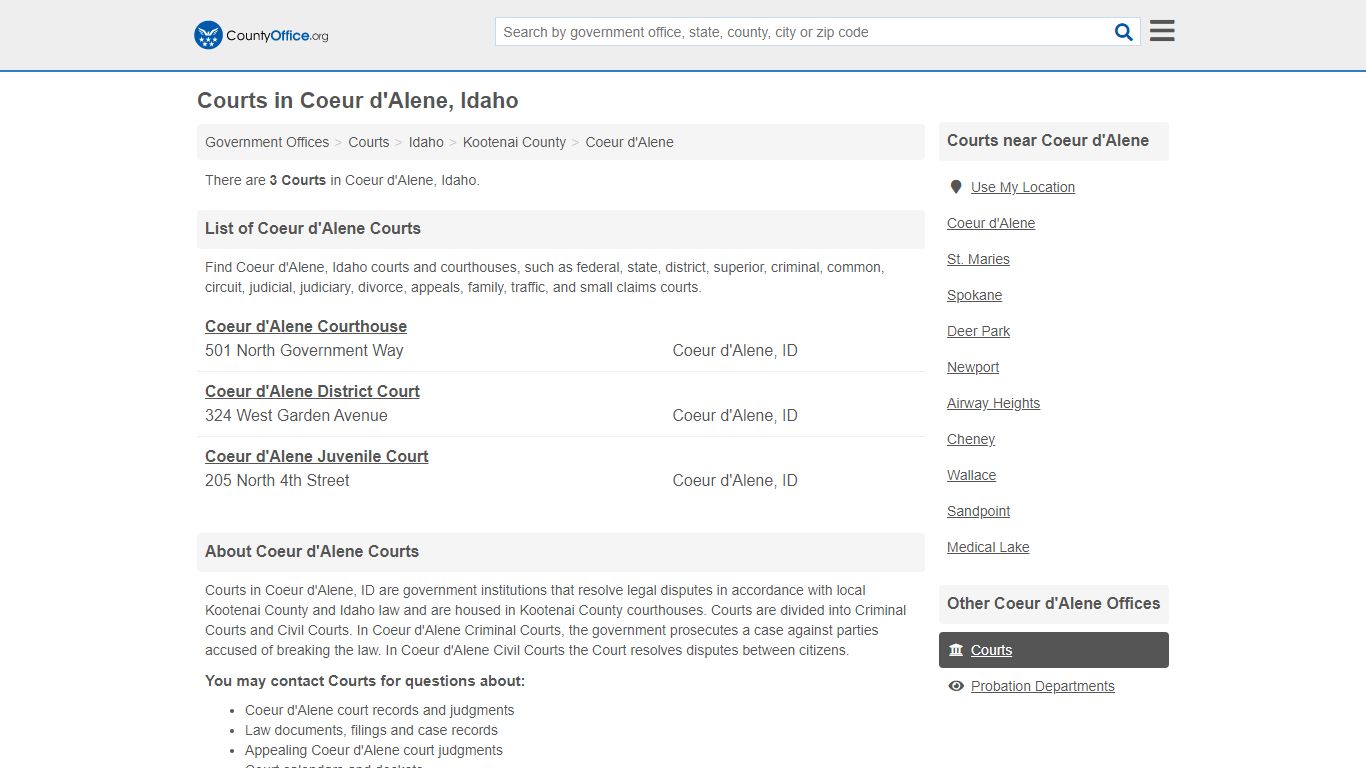 Courts - Coeur d'Alene, ID (Court Records & Calendars) - County Office