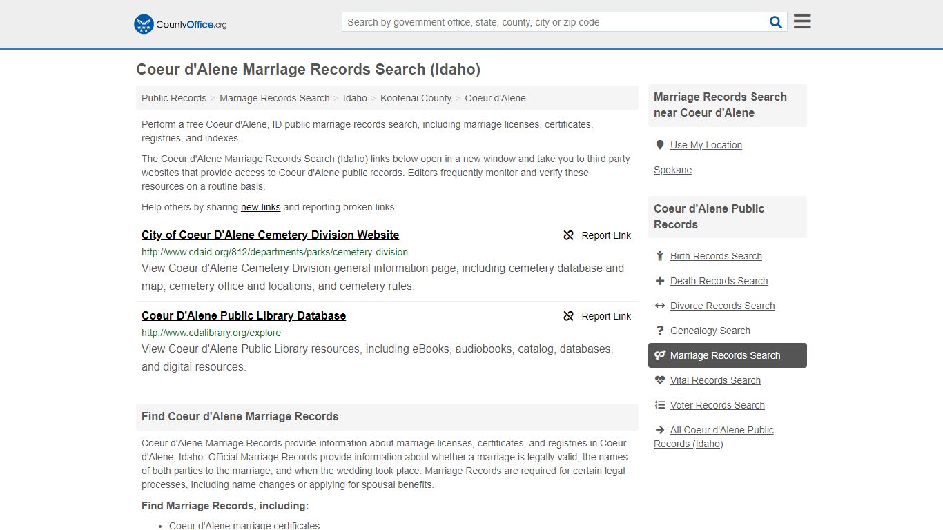 Coeur d'Alene Marriage Records Search (Idaho) - County Office